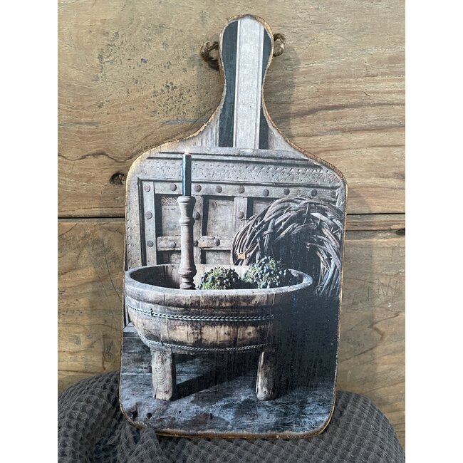 Houten bordje met afbeelding - olijfbak op poten - 14 x 1,5 x 27 cm