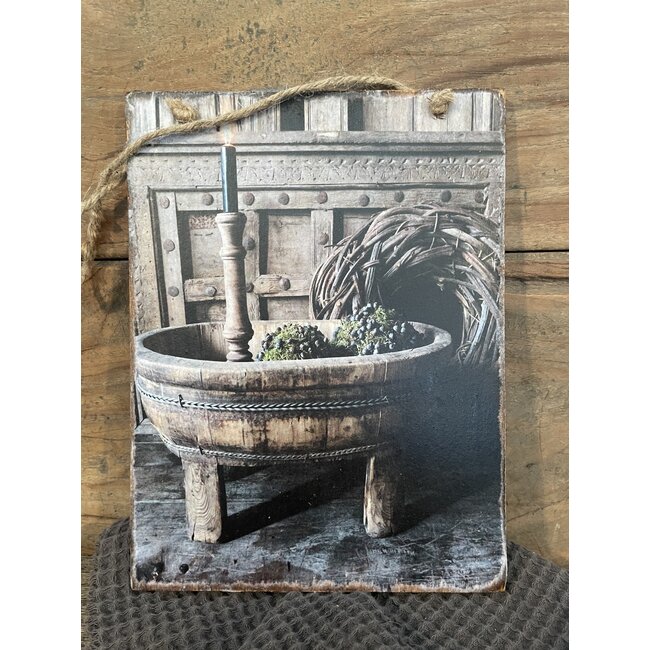 Houten bordje met afbeelding - olijfbak op poten - 15 x 20 cm