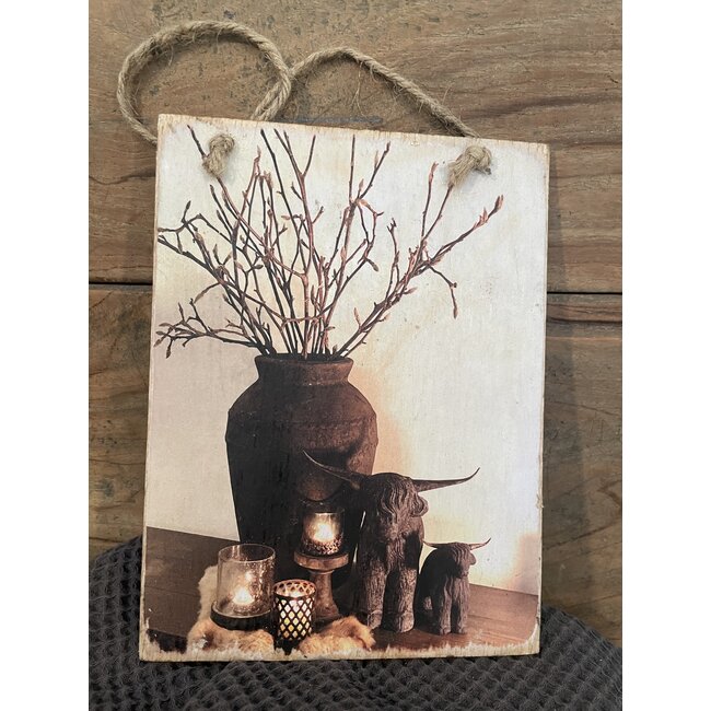 # Houten bordje met afbeelding - pot takken en hooglanders - 15 x 20 cm