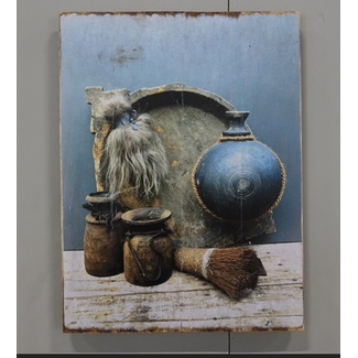 Houten bord met print - schaal met kwast - 20 x 30 cm