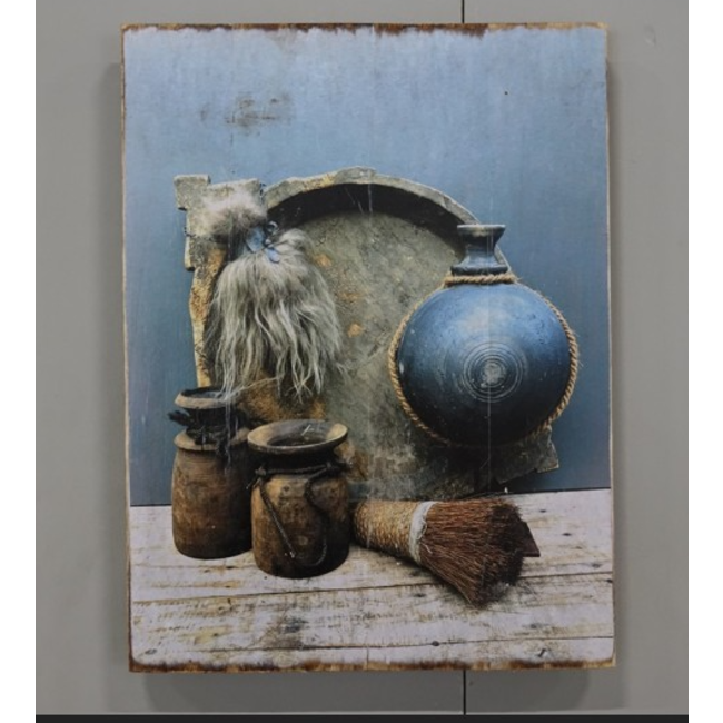 Houten bord met print - schaal met kwast - 20 x 30 cm