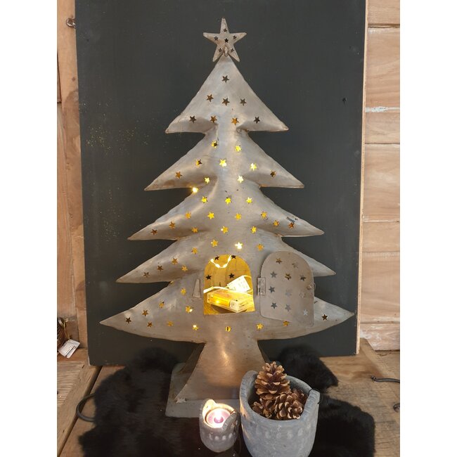 Kerstboom waxinelichthouder - metaal - grijs - 48 x 17 x 66 cm