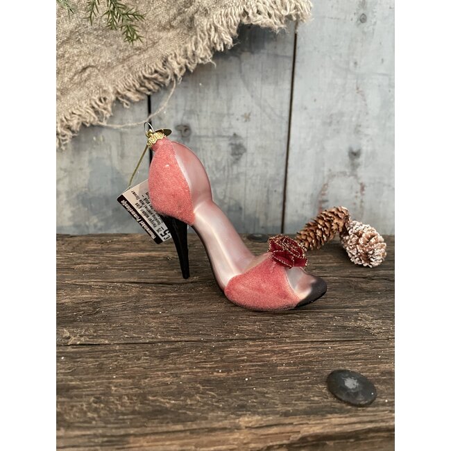 ## wordt niet verzonden - Hanger schoen glas flocking,enamel lace flower 2col ass - per stuk - L9.5-W3.7-H10.5cm