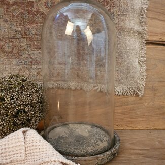 # wordt niet verzonden - Glazen stolp op houten plateau - 17 x 17 x 29 cm - grey finish