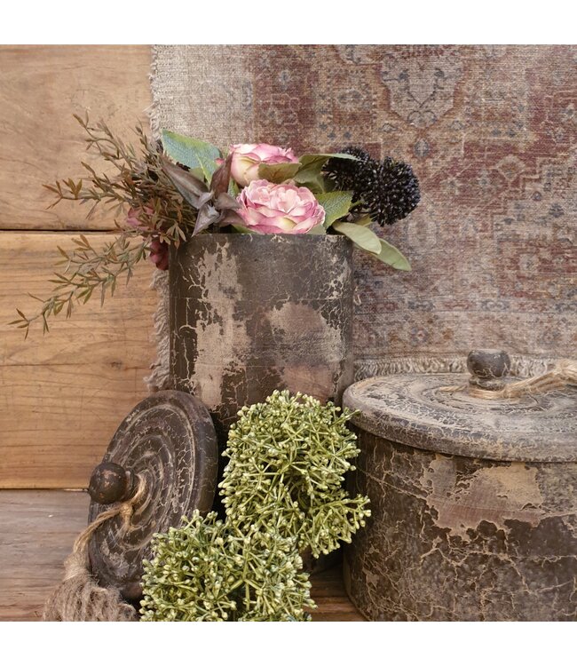 ## wordt niet verzonden - Houten pot met kwast - hoog - 14 x 14 x 23 cm - excl. deco - grey finish