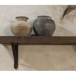 I174 - Robuuste wandplank oud hout incl. 2 smeedijzeren planksteunen - 80 x 20 x 4 cm