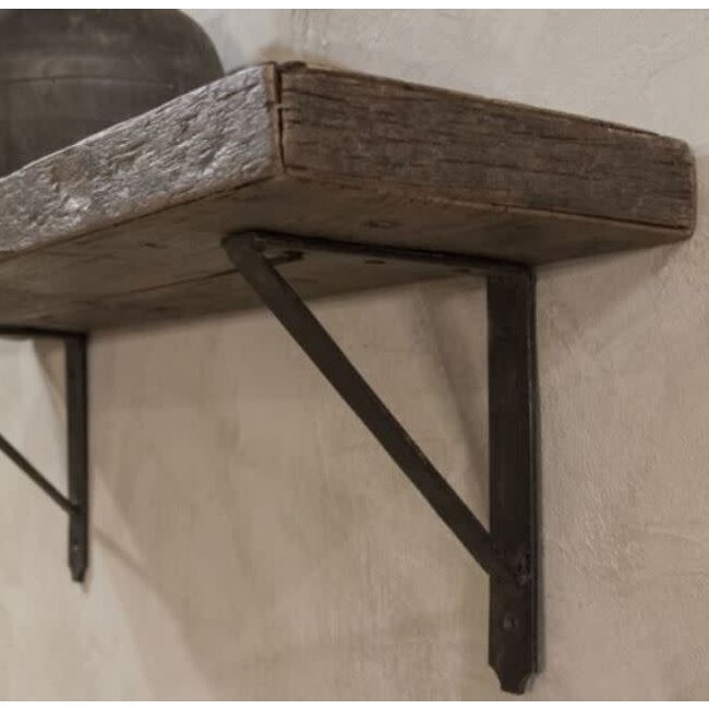 # I174 - Robuuste wandplank oud hout incl. 2 smeedijzeren planksteunen - 80 x 20 x 4 cm