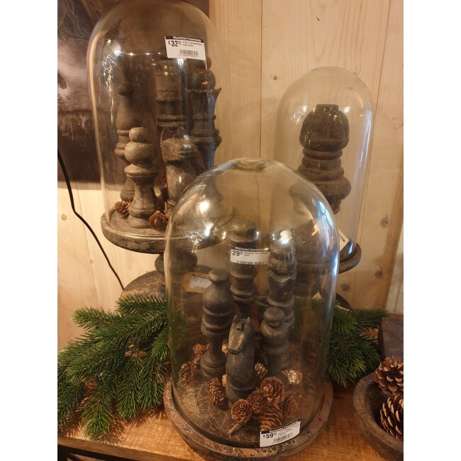 Glazen stolp op houten plateau - 23 x 23 x 34 cm