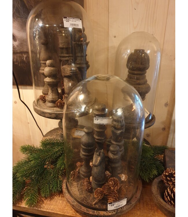 ### wordt niet verzonden - Glazen stolp op houten plateau - 23 x 23 x 34 cm - grey finish