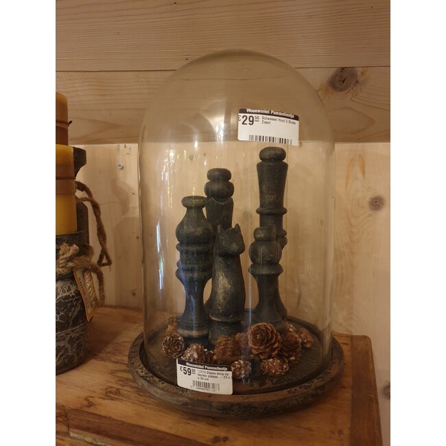 Glazen stolp op houten plateau - 23 x 23 x 34 cm