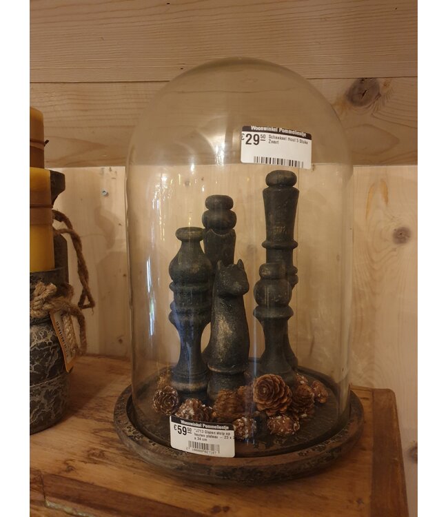 ### wordt niet verzonden - Glazen stolp op houten plateau - 23 x 23 x 34 cm - grey finish