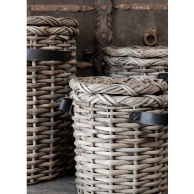 Set/3 manden met leder handvat Anour | grey rattan - ca. 50 x 50 x 53 cm