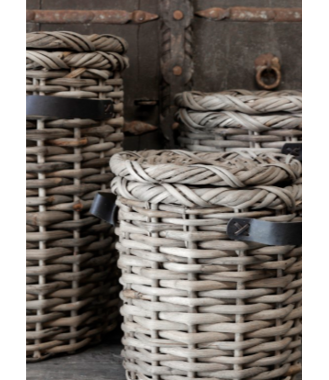 Set/3 manden met leder handvat Anour | grey rattan - ca. 50 x 50 x 53 cm