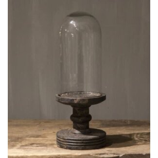 J718 - Glazen stolp op houten voet - 17 x 17 x 44 cm