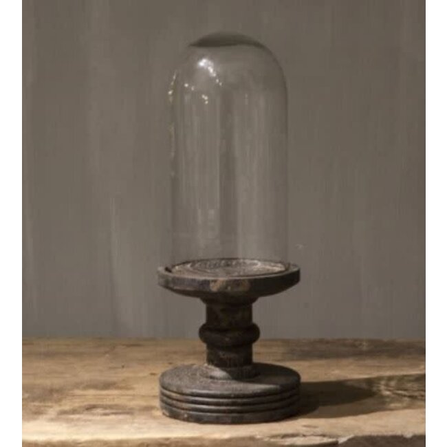 J718 - Glazen stolp op houten voet - 17 x 17 x 44 cm