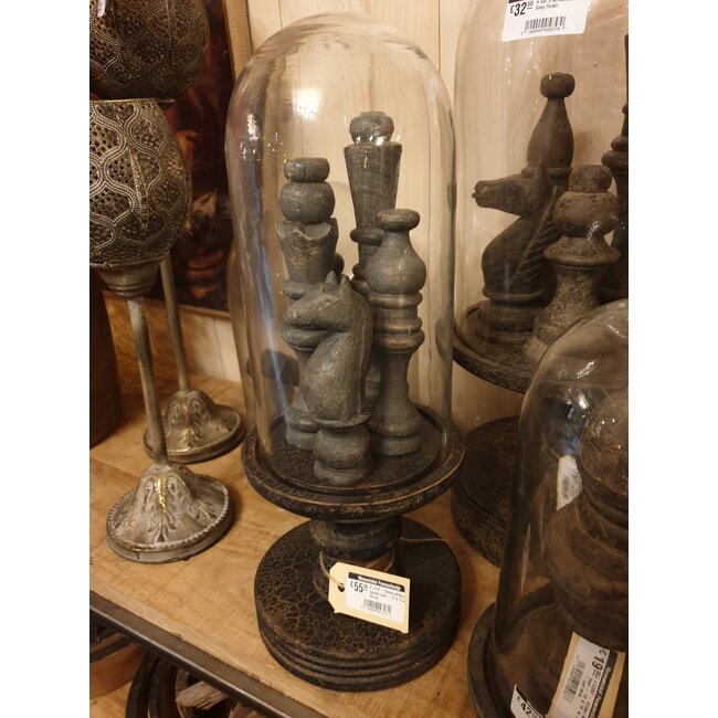 J718 - Glazen stolp op houten voet - 17 x 17 x 44 cm