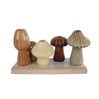 Vaas "Mushroom" 5x creme/bruin/beige aardewerk 19x7x10cm