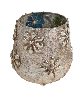 ## wordt niet verzonden - Theelichthouder "Naomi" S oud goud/kleur glas 7x9x9cm