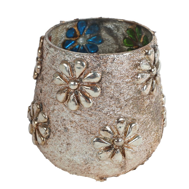 # Theelichthouder "Naomi" S oud goud/kleur glas 7x9x9cm