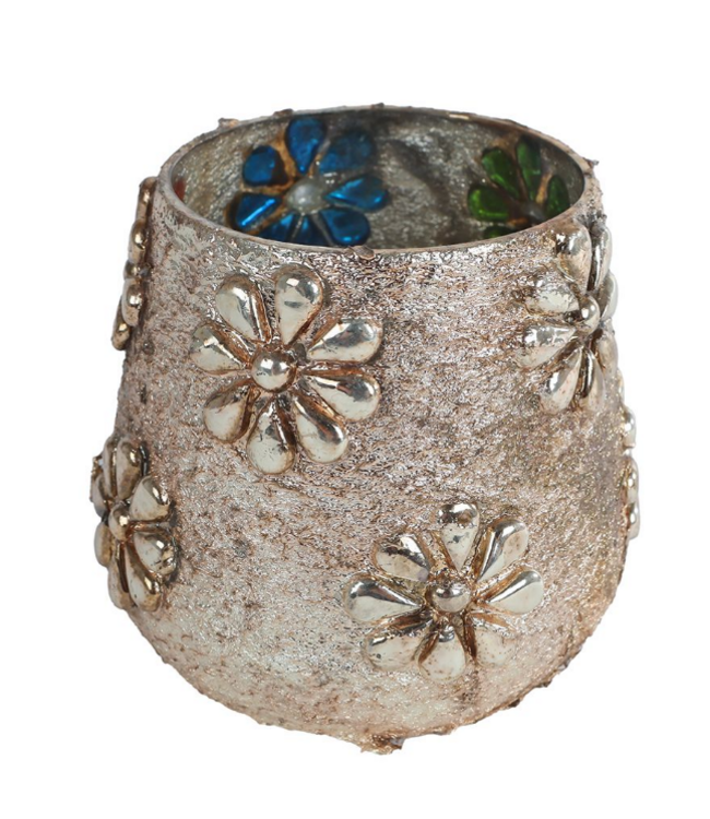 ### wordt niet verzonden - Theelichthouder "Naomi" S oud goud/kleur glas 7x9x9cm