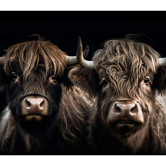 Tuinposter "de twee hooglanders  verticaal" - 60x80, met latjes