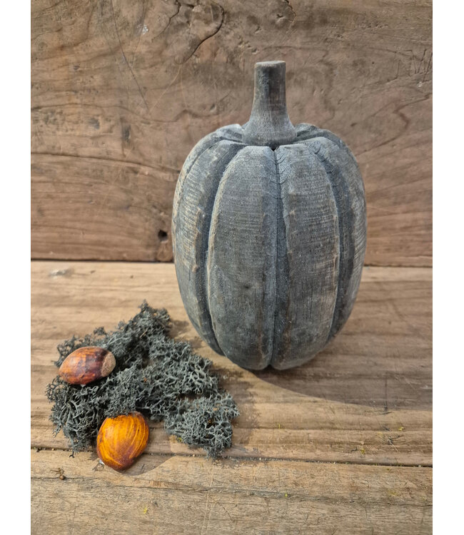 mix - pompoen rond hout - ca. 13 x 13 x 20 cm - grijs melee