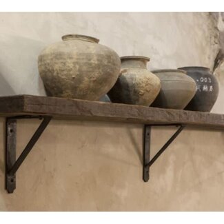 Robuuste wandplank oud hout incl. 3 smeedijzeren planksteunen - 140 x 20 x 5 cm - worden niet verzonden/alleen ophalen