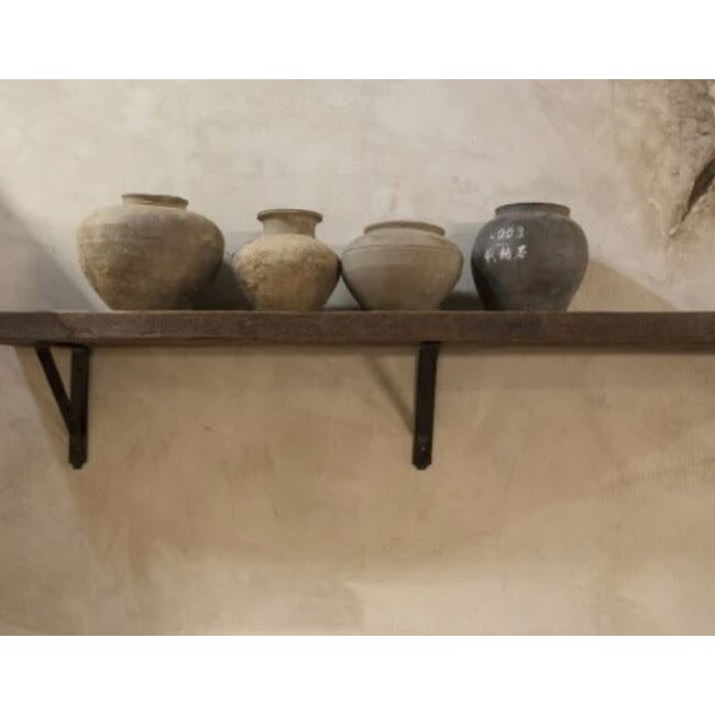 # Robuuste wandplank oud hout incl. 3 smeedijzeren planksteunen - 140 x 20 x 5 cm - worden niet verzonden/alleen ophalen