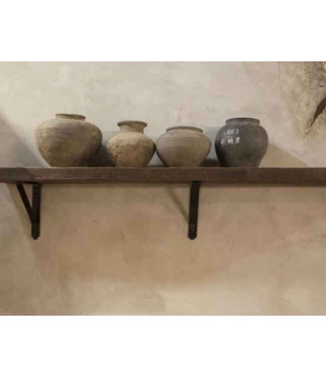 Robuuste wandplank oud hout incl. 3 smeedijzeren planksteunen - 140 x 20 x 5 cm - worden niet verzonden/alleen ophalen