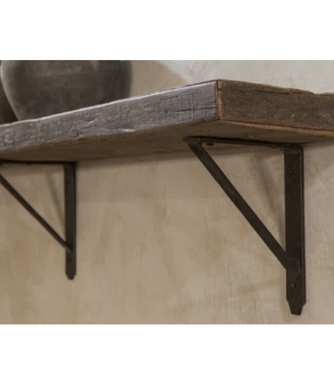 Robuuste wandplank oud hout incl. 3 smeedijzeren planksteunen - 140 x 20 x 5 cm - worden niet verzonden/alleen ophalen
