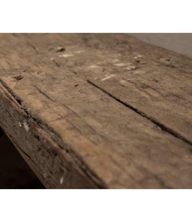 Robuuste wandplank oud hout incl. 3 smeedijzeren planksteunen - 140 x 20 x 5 cm - worden niet verzonden/alleen ophalen