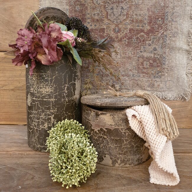 wordt niet verzonden - Pot hout deksel kwast - 18 x 18 x 12 cm - excl. deco - grey finish