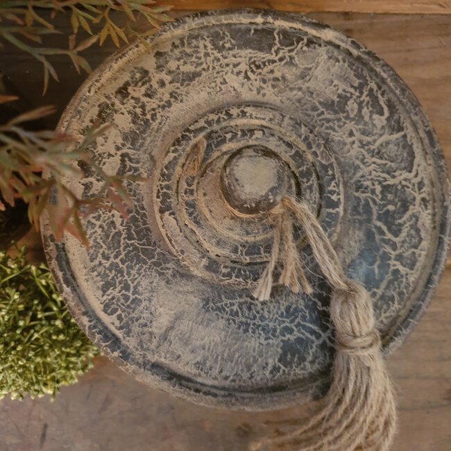wordt niet verzonden - Pot hout deksel kwast - 18 x 18 x 12 cm - excl. deco - grey finish