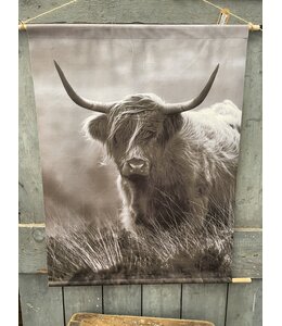 Wanddoek van fluweelzachte (velvet) stof - 63 x 82 cm - stok 70 cm - hooglander vergrijsd