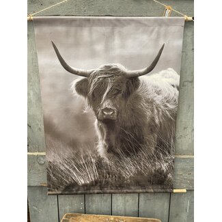 Wanddoek van fluweelzachte (velvet) stof - 63 x 82 cm - stok 70 cm - hooglander vergrijsd