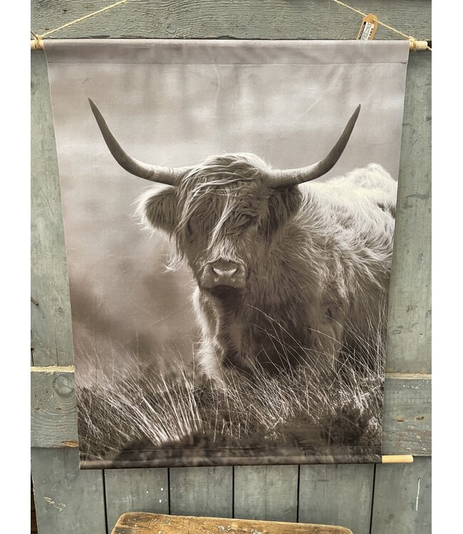 Wanddoek van fluweelzachte (velvet) stof - 63 x 82 cm - stok 70 cm - hooglander vergrijsd