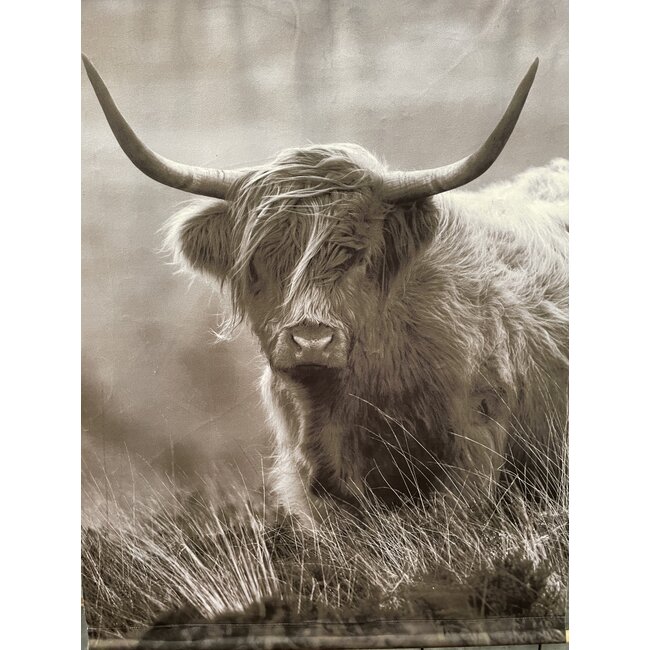 Wanddoek van fluweelzachte (velvet) stof - 63 x 82 cm - stok 70 cm - hooglander vergrijsd