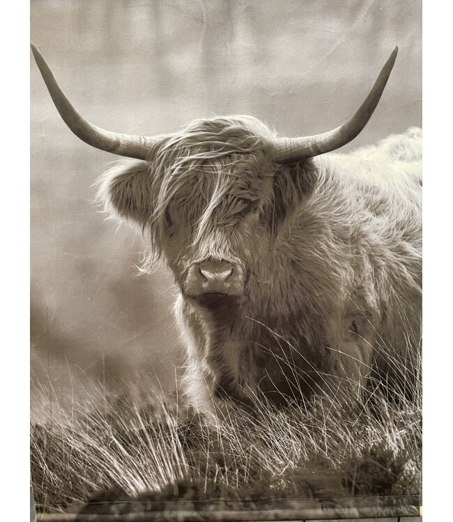 Wanddoek van fluweelzachte (velvet) stof - 63 x 82 cm - stok 70 cm - hooglander vergrijsd