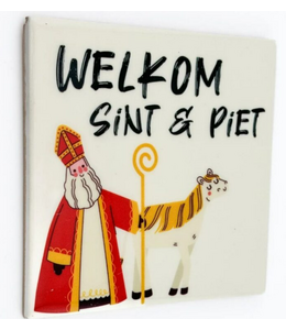 ## wordt niet verzonden - Tegeltje welkom Sint & Piet  10,5x10,5x0,5cm