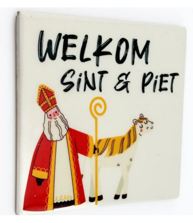 ### wordt niet verzonden - Tegeltje welkom Sint & Piet  10,5x10,5x0,5cm
