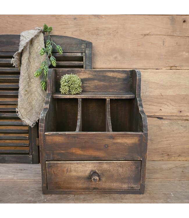 # Donkere houten gruttersbak met lade - 37 x 25 x 45 cm
