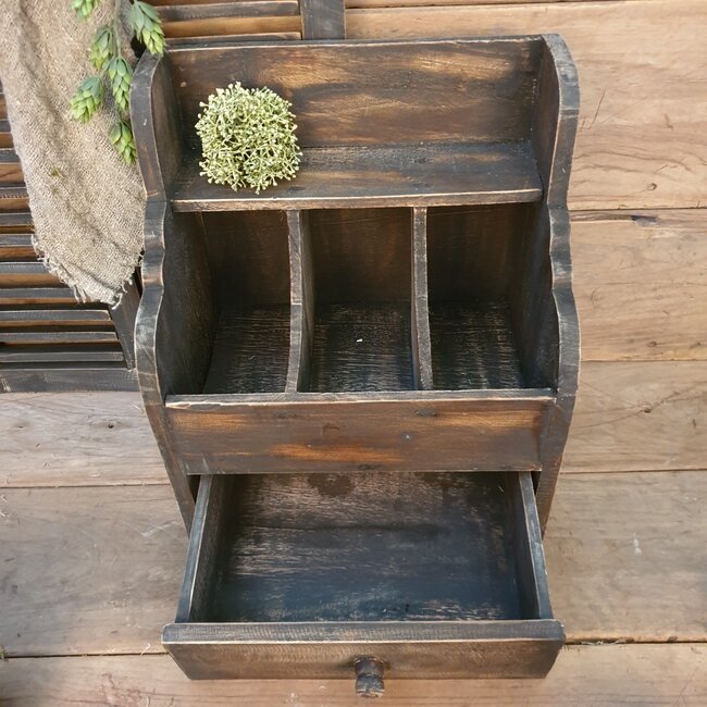 # Donkere houten gruttersbak met lade - 37 x 25 x 45 cm