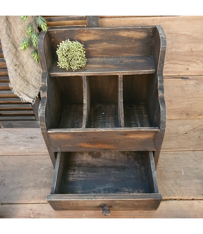 # Donkere houten gruttersbak met lade - 37 x 25 x 45 cm
