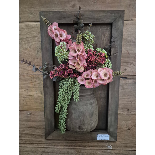Houten paneel met vaas - 30 x 50 cm compleet met bloemen