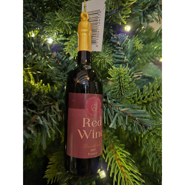 Kerstbal fles rode wijn - 13,5 cm