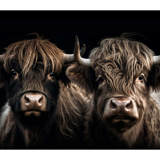 Tuinposter "de twee hooglanders  verticaal" - 60x80, met latjes