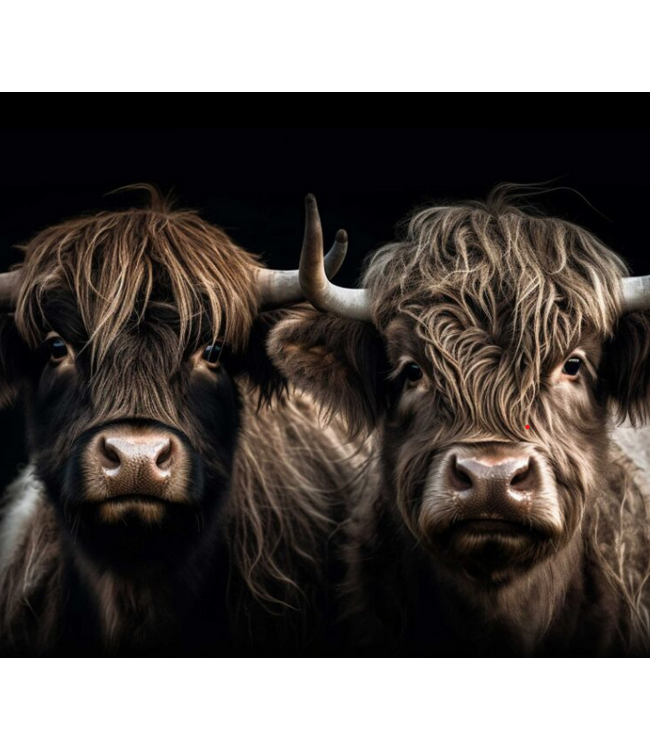 Tuinposter "de twee hooglanders  verticaal" - 60x80, met latjes