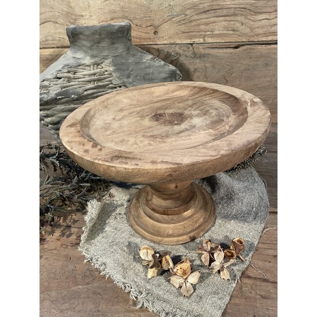 # Ronde houten schaal op voet - naturel -30 x 20 cm