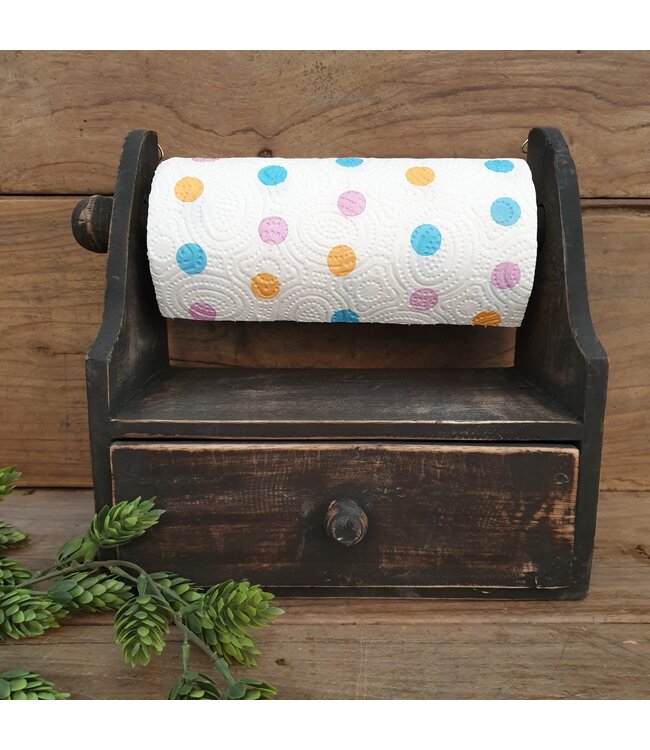 Donkere houten keukenrolhouder met lade - 27 x 14 x 27 cm