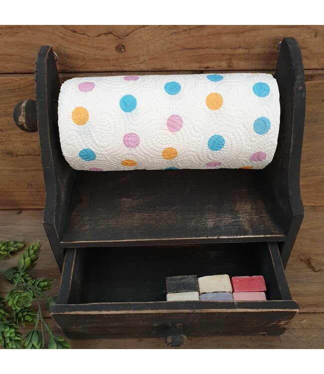 Donkere houten keukenrolhouder met lade - 27 x 14 x 27 cm